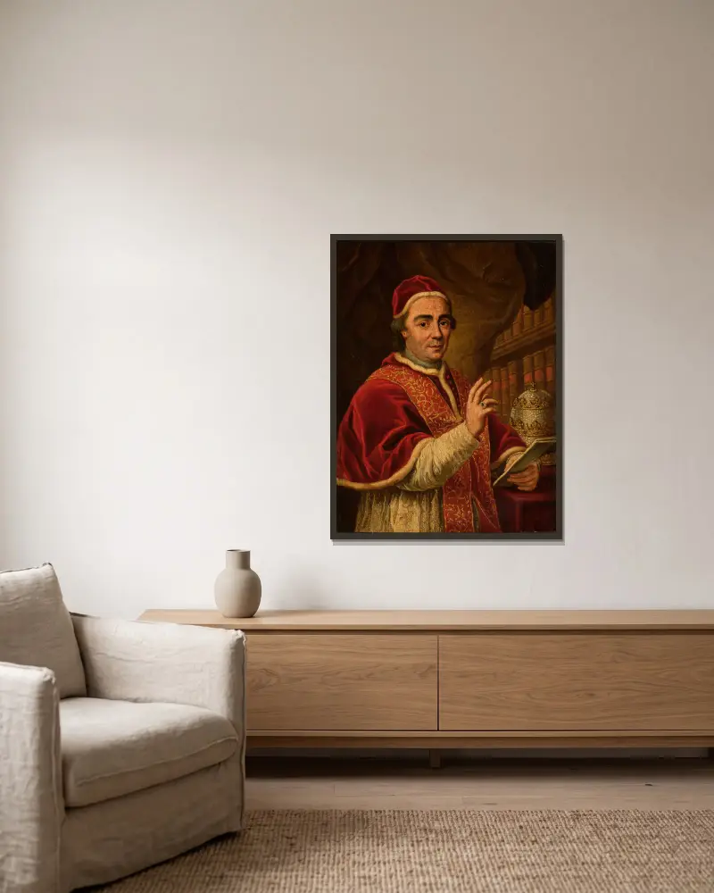 Portrait of pope Clement XIII – nr 1 av Anton Raphael Mengs inramad på en vägg