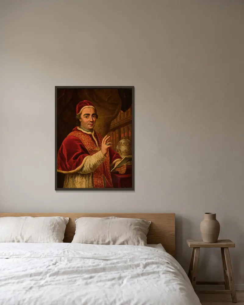 Portrait of pope Clement XIII – nr 1 av Anton Raphael Mengs inramad på en vägg