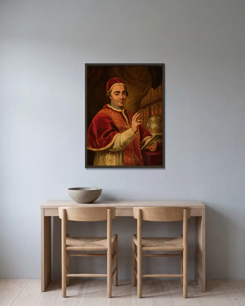 Portrait of pope Clement XIII – nr 1 av Anton Raphael Mengs inramad på en vägg