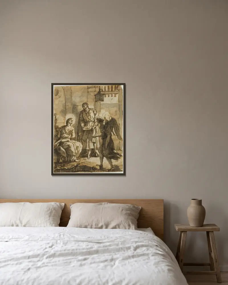 Sankt Peter besöker Sankt Agatha i fängelset och helar hennes sår av Anton Raphael Mengs inramad på en vägg