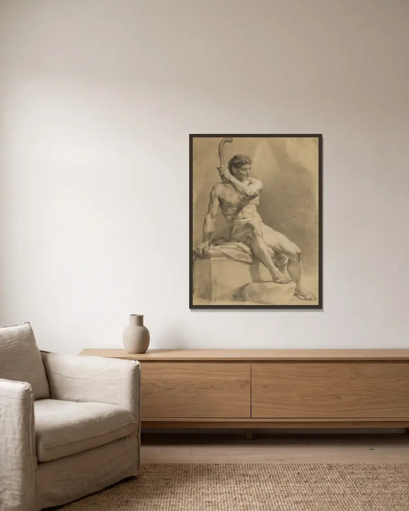 Sittande manlig akt, snett åt höger, lyftande en liten klubba med vänster hand av Anton Raphael Mengs inramad på en vägg