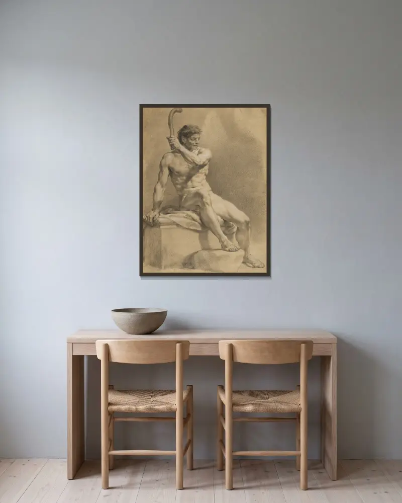 Sittande manlig akt, snett åt höger, lyftande en liten klubba med vänster hand av Anton Raphael Mengs inramad på en vägg