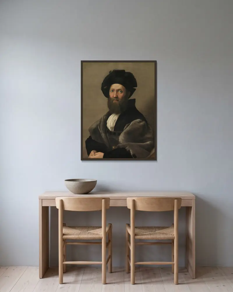 Portrait of Baldassarre Castiglione av Raphael inramad på en vägg