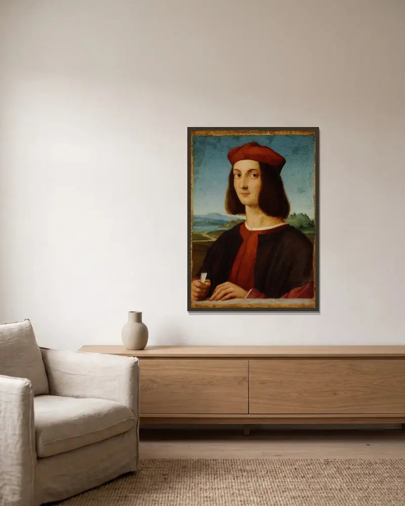 Portrait of Pietro Bembo av Raphael inramad på en vägg