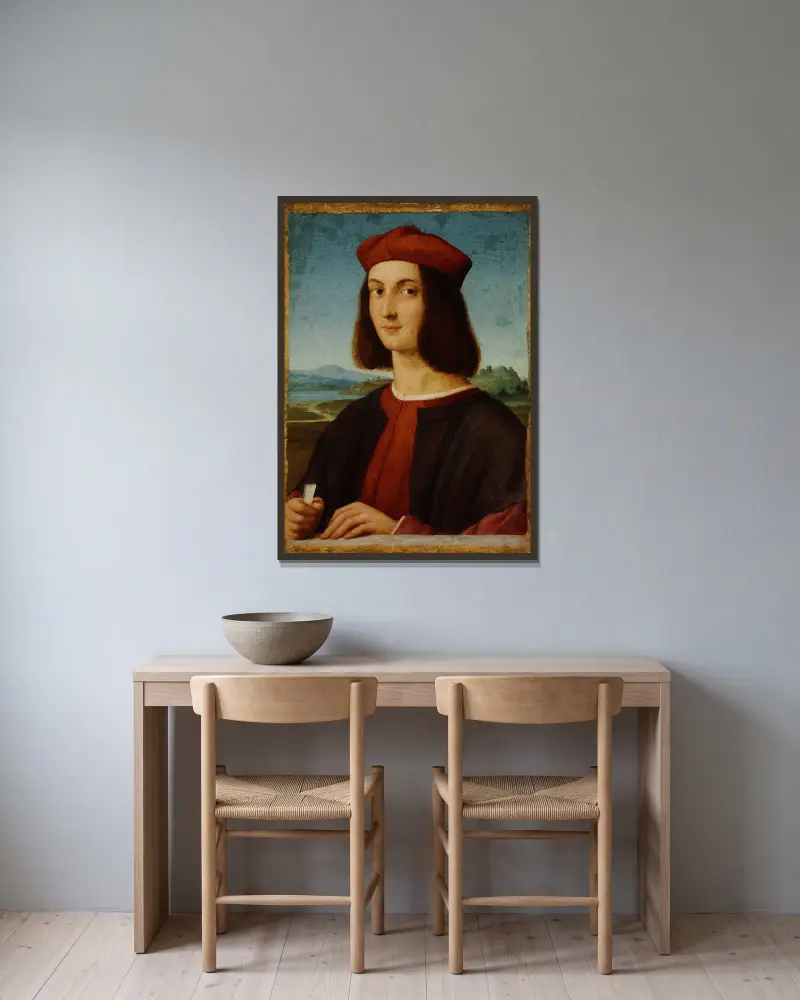 Portrait of Pietro Bembo av Raphael inramad på en vägg