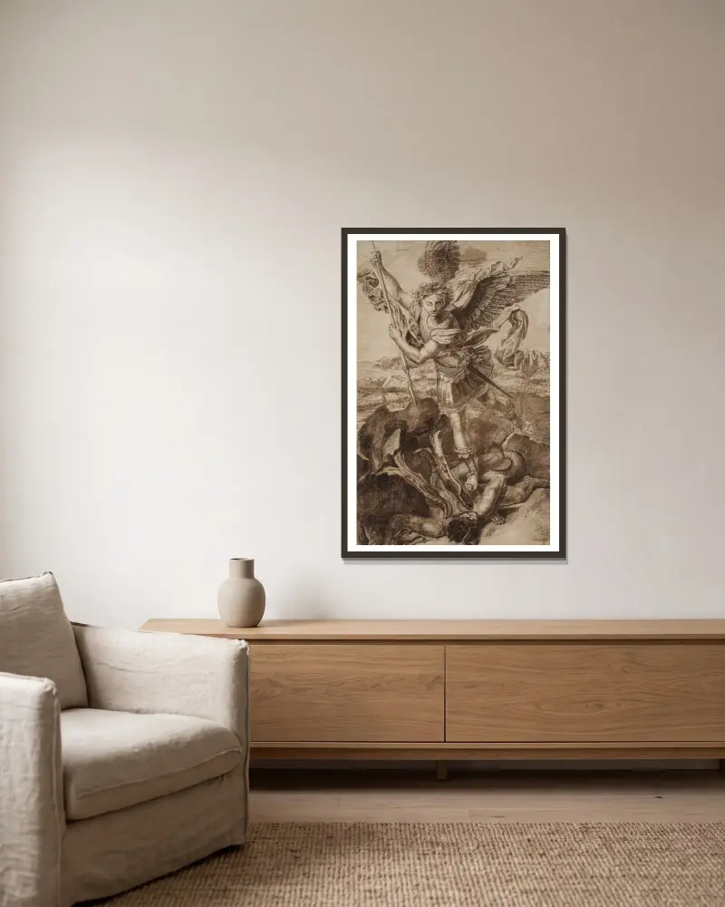 Der heilige Michael von Raphael gerahmt an einer Wand