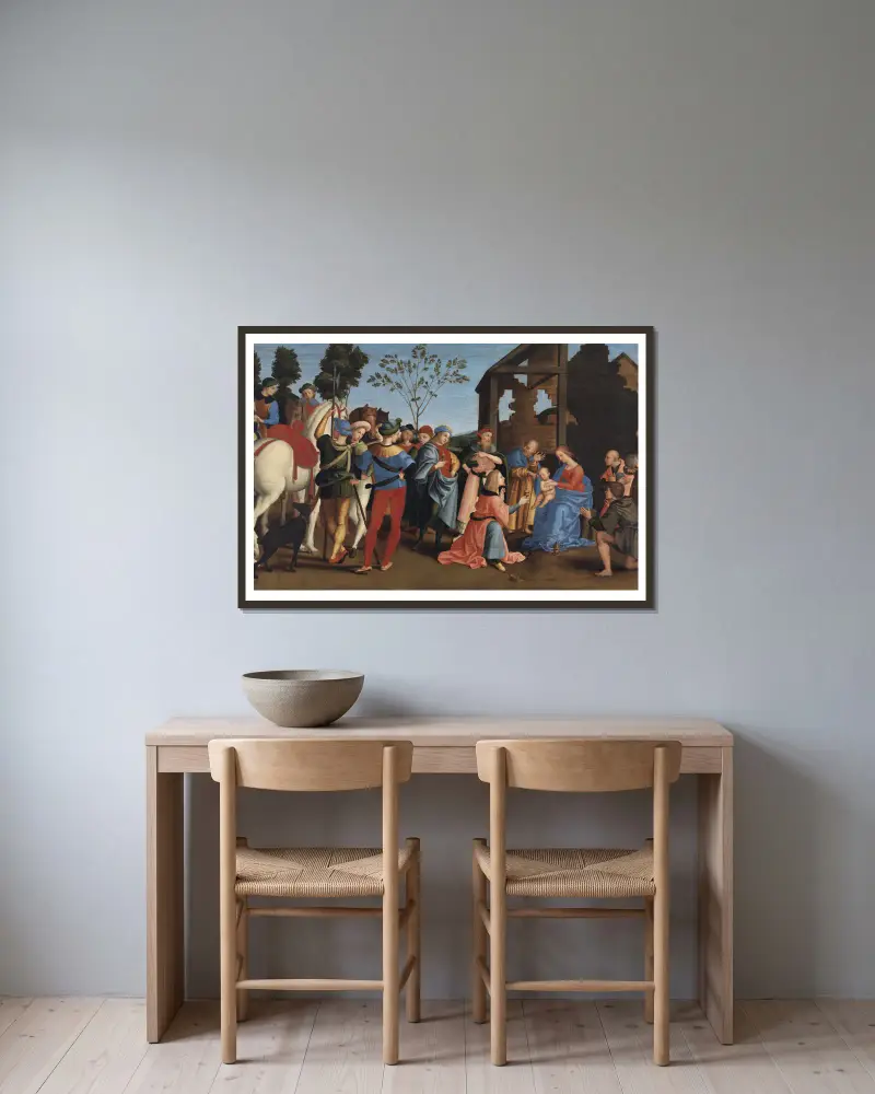 The Adoration of the Kings av Raphael inramad på en vägg