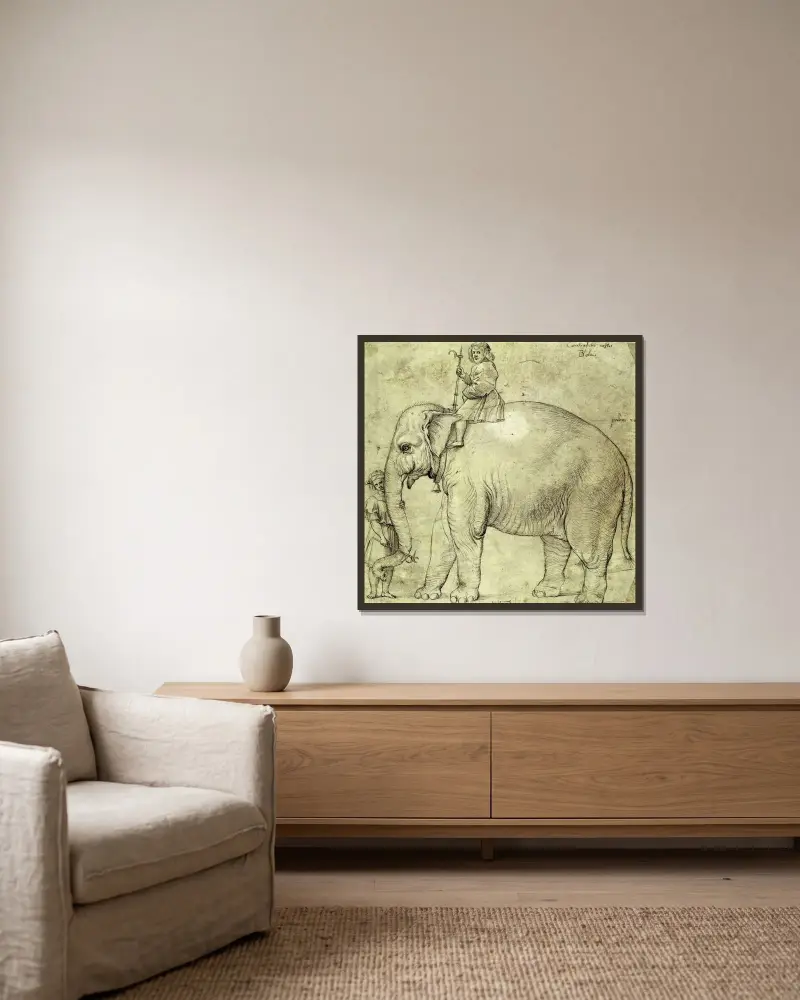 Der Elefant Hanno von Raphael gerahmt an einer Wand