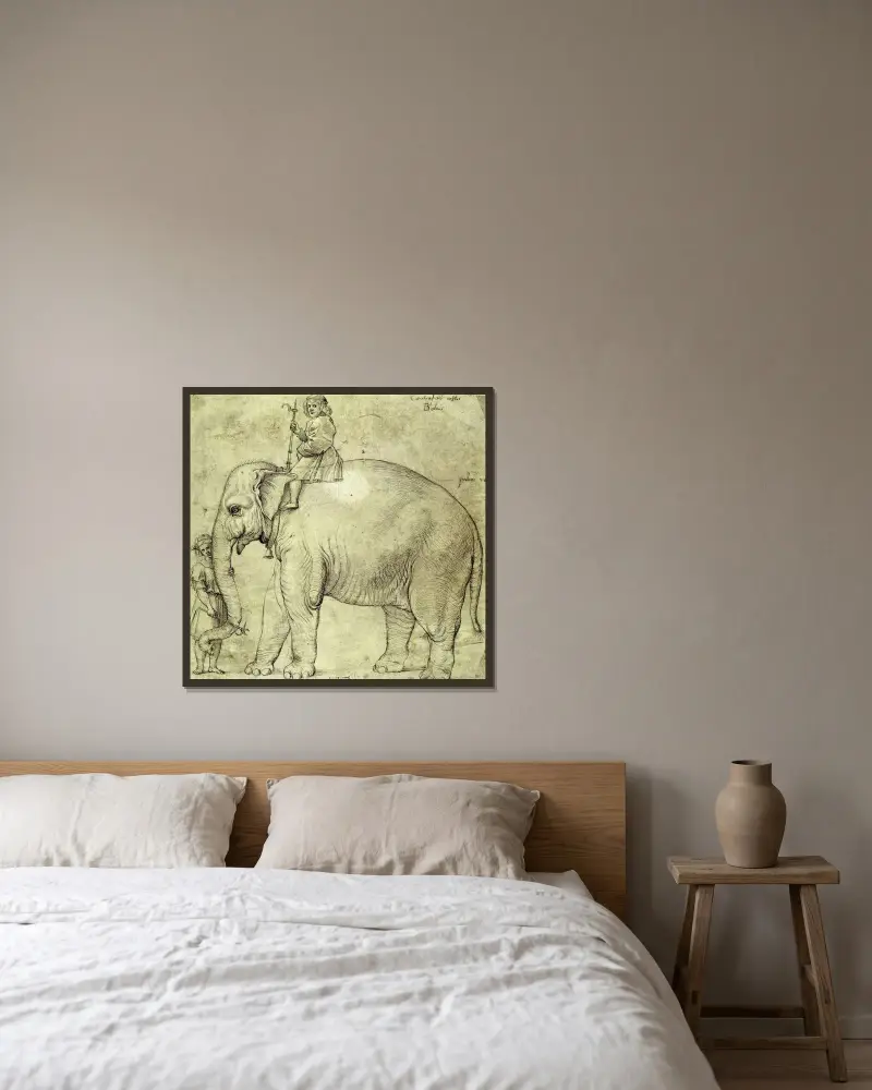 Der Elefant Hanno von Raphael gerahmt an einer Wand