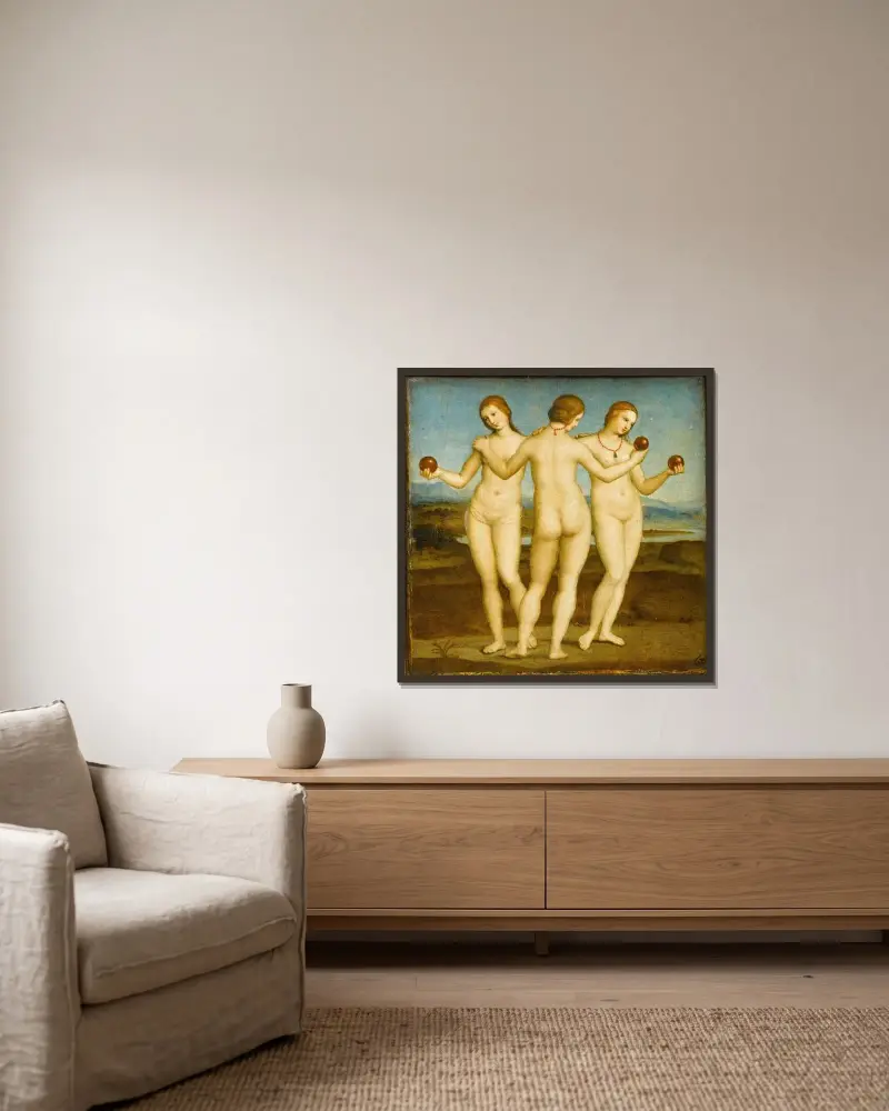 Die drei Grazien von Raphael gerahmt an einer Wand