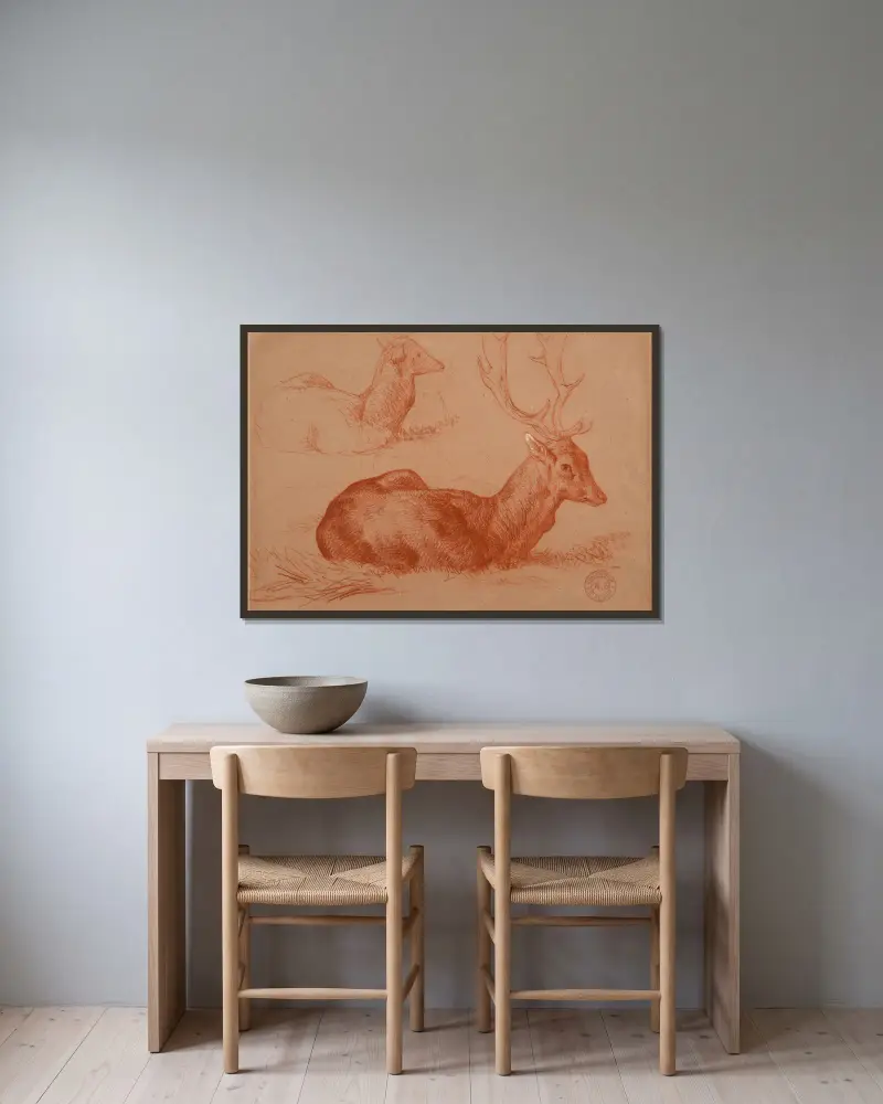 Cerf couché et étude de cerf av Jacques-Raymond Brascassat inramad på en vägg