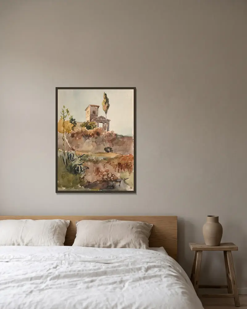 Jardin et église avec portique antique av Jacques-Raymond Brascassat inramad på en vägg