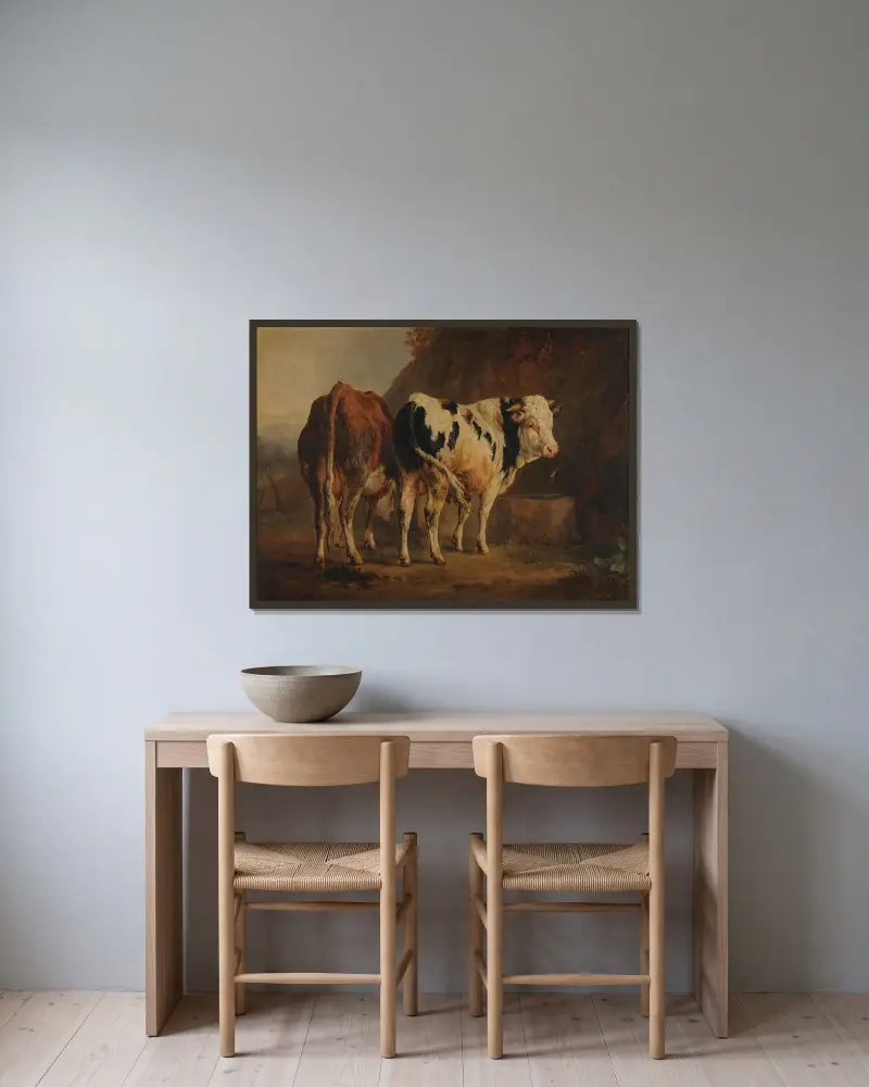 Tjur med vit och svart päls och ko med brun päls av Jacques-Raymond Brascassat inramad på en vägg