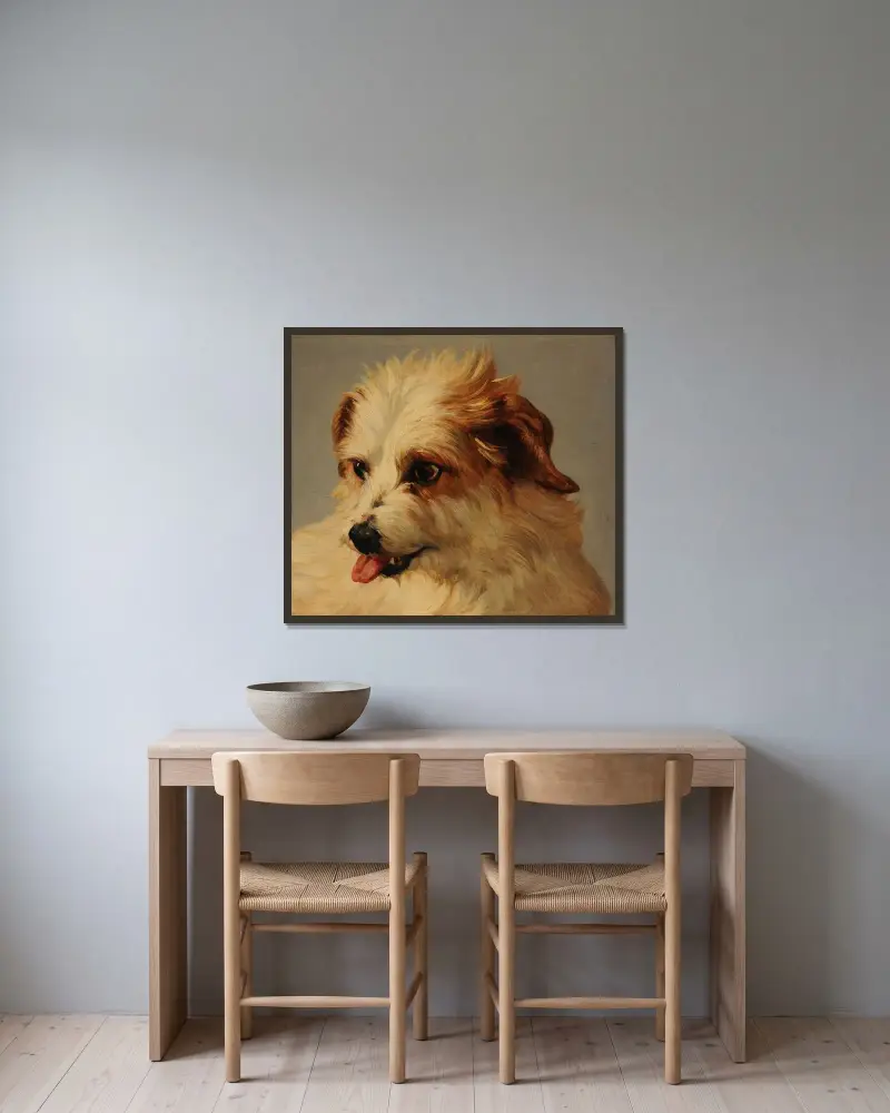 Weißer Hund mit ausgestreckter Zunge von Jacques-Raymond Brascassat gerahmt an einer Wand