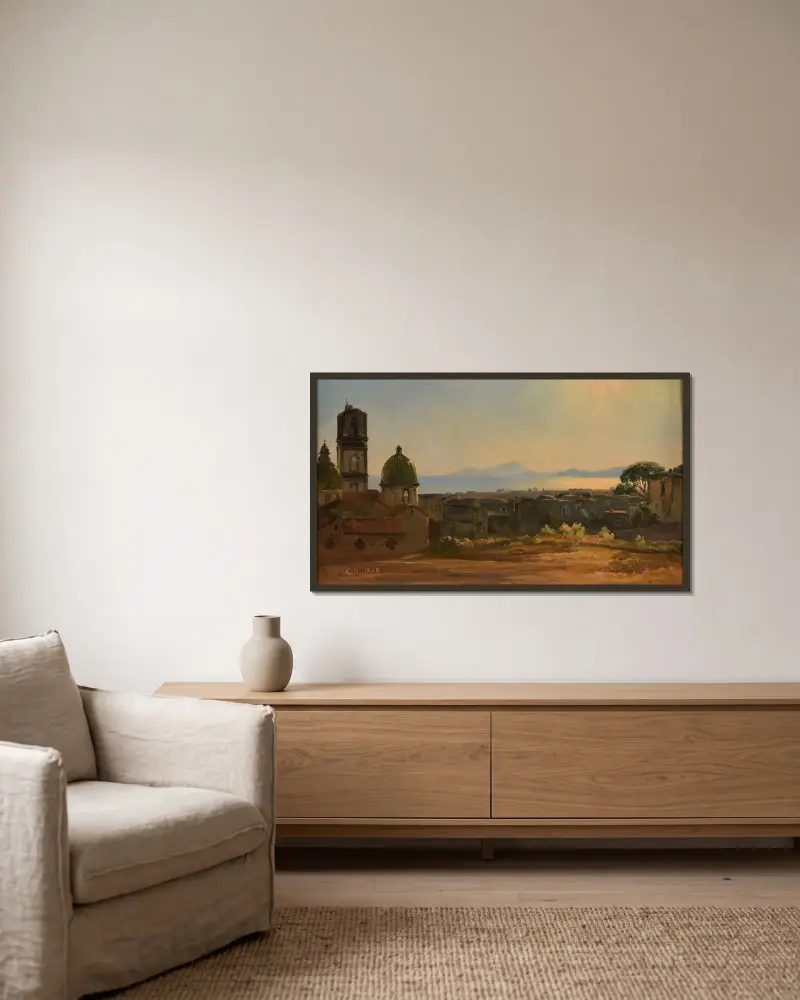 Ansicht einer italienischen Stadt von Jacques-Raymond Brascassat gerahmt an einer Wand