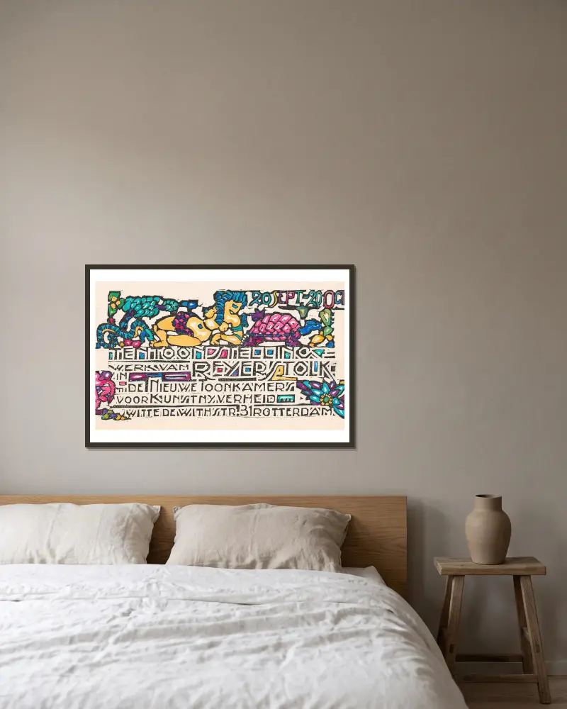 Aankondiging van een tentoonstelling van Reijer Stolk in Rotterdam av Reijer Stolk inramad på en vägg