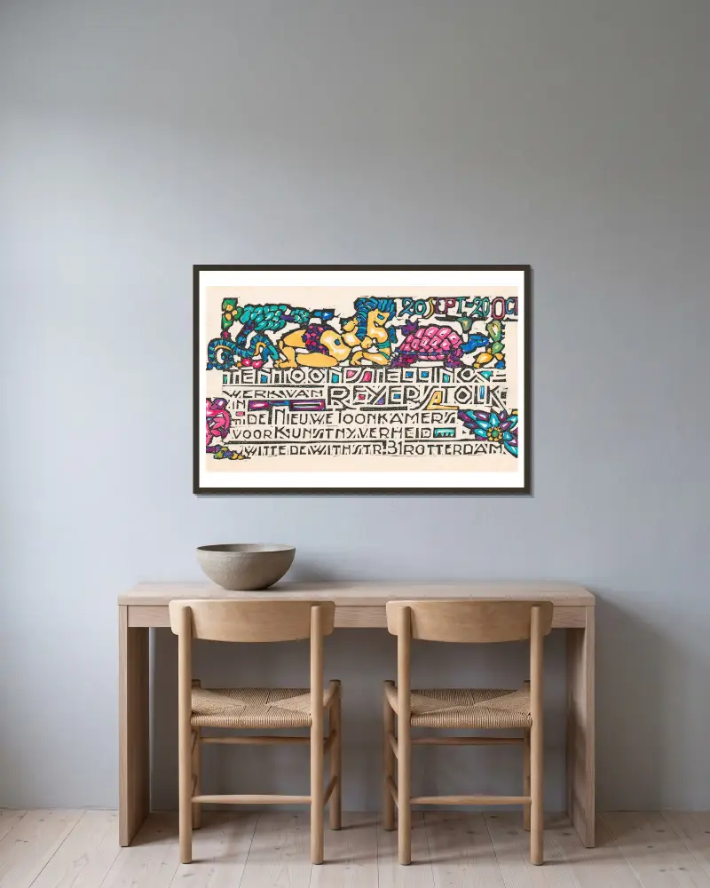 Aankondiging van een tentoonstelling van Reijer Stolk in Rotterdam av Reijer Stolk inramad på en vägg