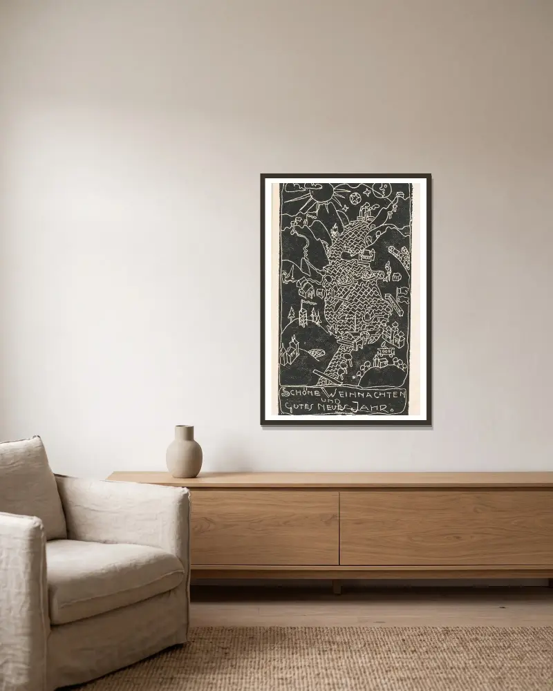 Kerstkaart met heuvellandschap en meer av Reijer Stolk inramad på en vägg