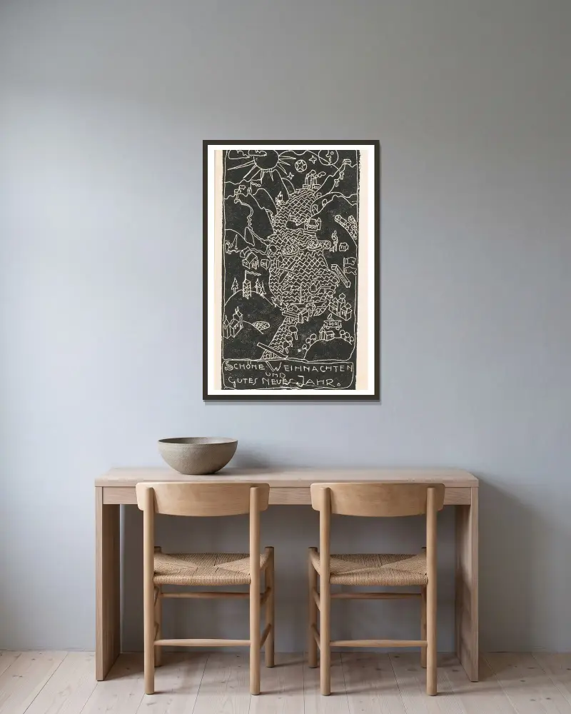 Kerstkaart met heuvellandschap en meer av Reijer Stolk inramad på en vägg