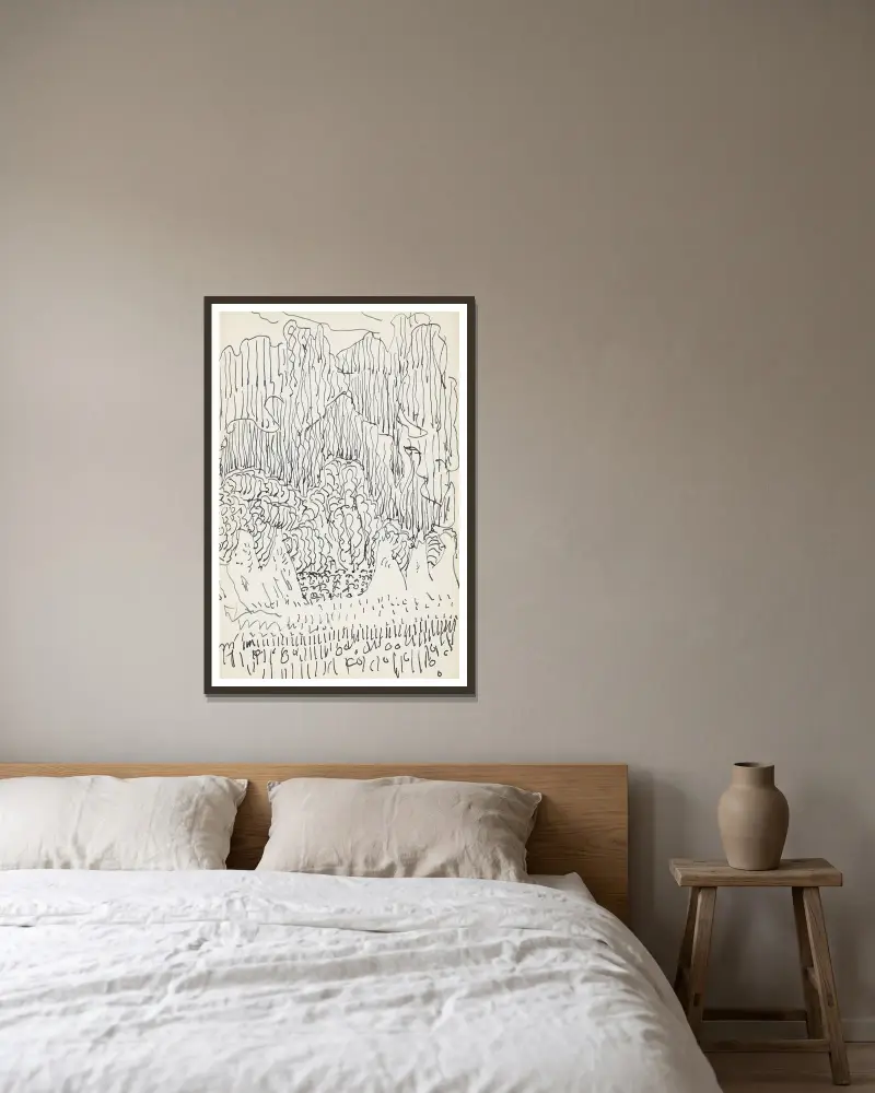 Landschap met bomen av Reijer Stolk inramad på en vägg