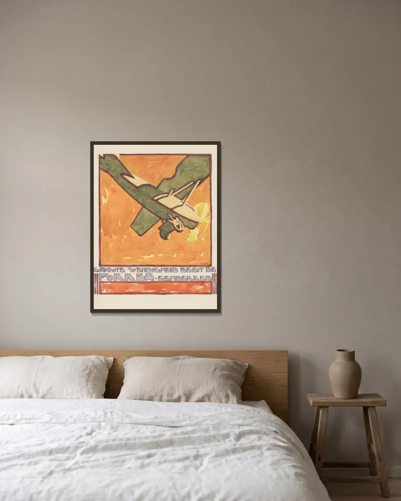 Ontwerp voor reclame voor de `Fokker-Eendekker’ av Reijer Stolk inramad på en vägg