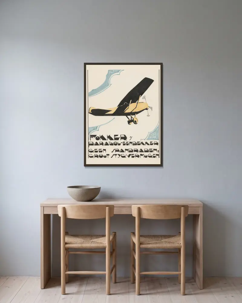 Ontwerp voor reclame voor `Fokker’s Parasol-Eendekker’ av Reijer Stolk inramad på en vägg