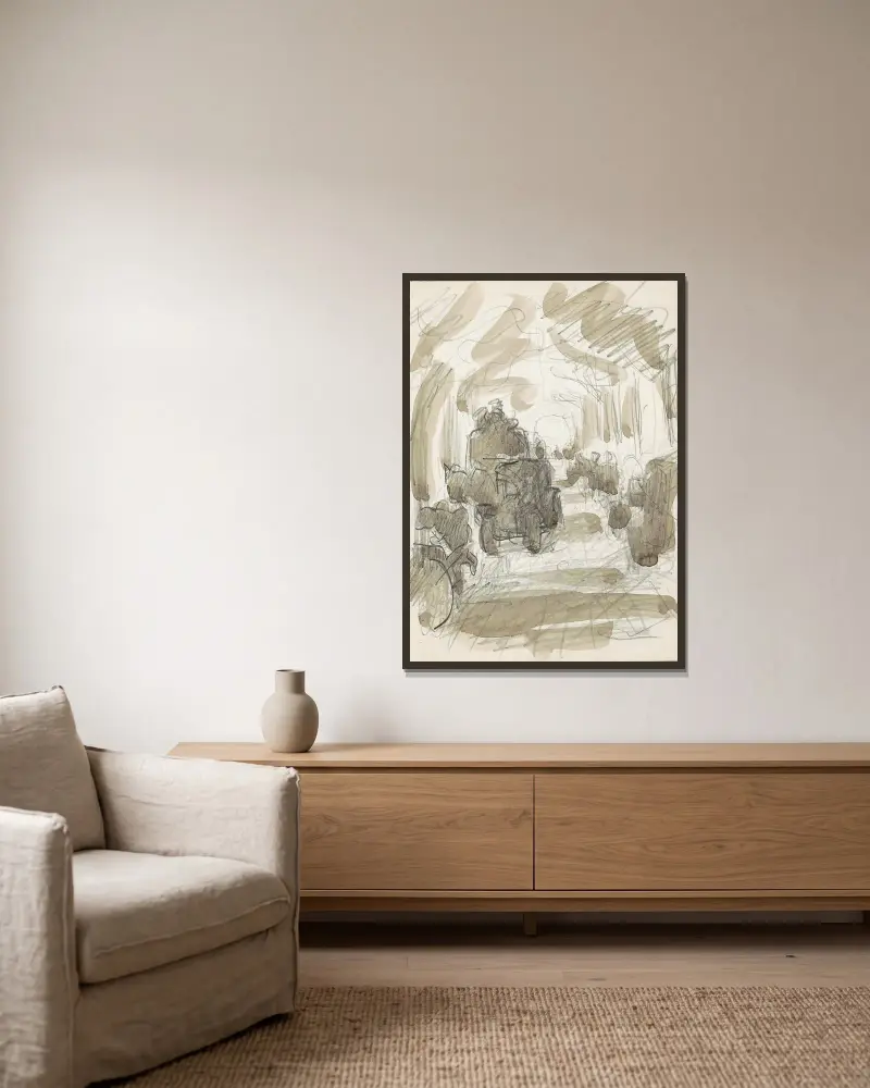Überdachte Galerie mit Figuren und einem Pferdewagen von Reijer Stolk gerahmt an einer Wand