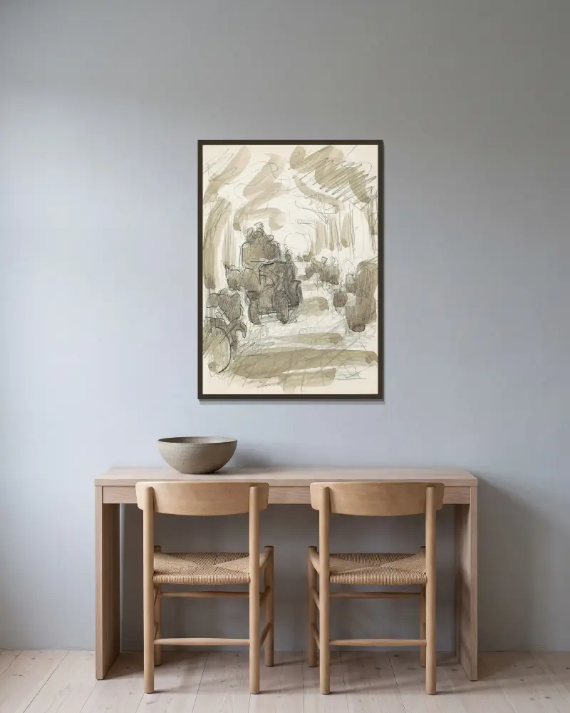 Überdachte Galerie mit Figuren und einem Pferdewagen von Reijer Stolk gerahmt an einer Wand