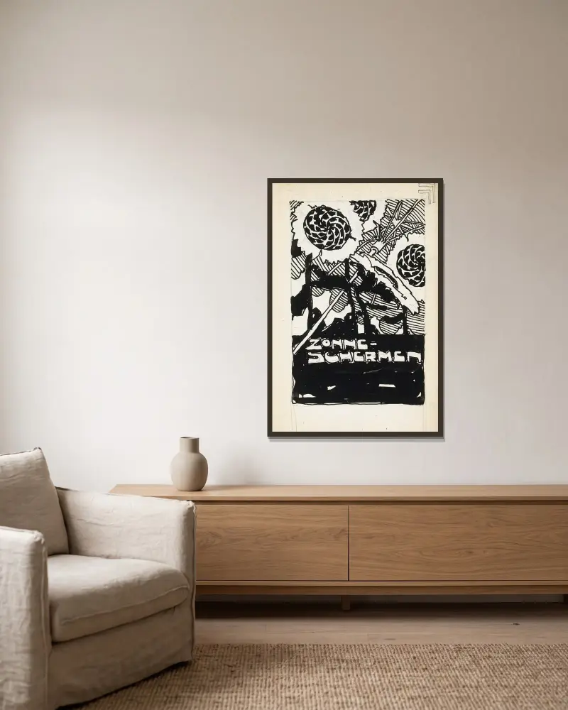 Reclameontwerp voor zonneschermen av Reijer Stolk inramad på en vägg