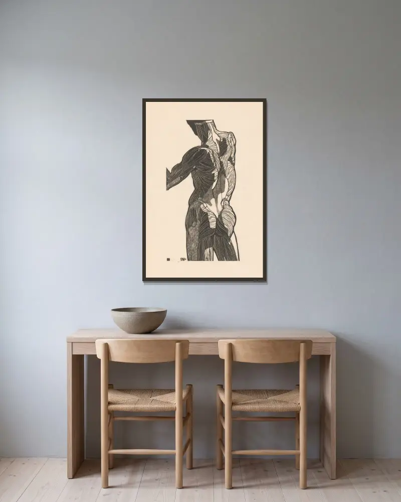 Study of the back and gluteal muscles. – nr 1 av Reijer Stolk inramad på en vägg