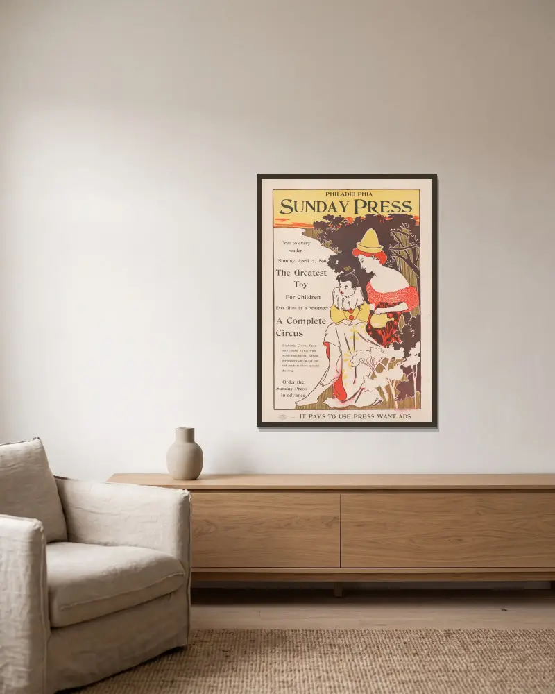 Free to every reader, Sunday, April 12th, 1896; the greatest toy for children ever given by a newspaper – a complete circus. av George Reiter Brill inramad på en vägg