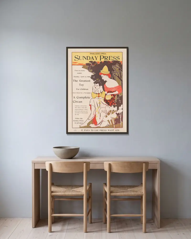 Free to every reader, Sunday, April 12th, 1896; the greatest toy for children ever given by a newspaper – a complete circus. av George Reiter Brill inramad på en vägg