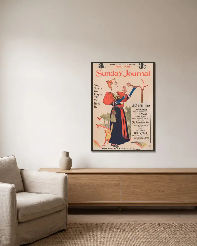 New York Sunday Journal. You won’t be happy till you read it. av George Reiter Brill inramad på en vägg