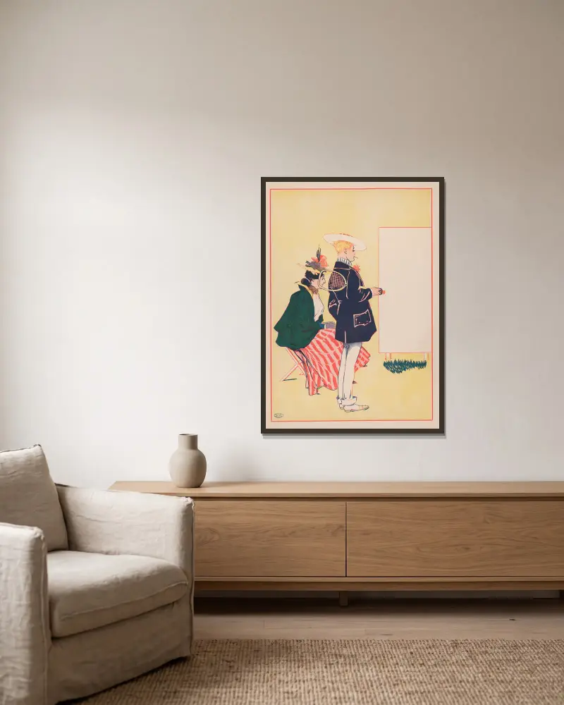 Woman seated, man standing with tennis racket looking at empty sign av George Reiter Brill inramad på en vägg