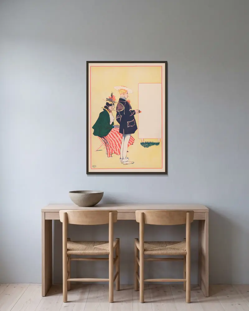 Woman seated, man standing with tennis racket looking at empty sign av George Reiter Brill inramad på en vägg