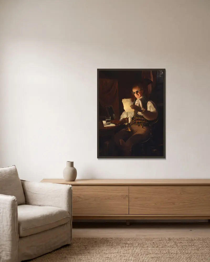 Man Reading By Candlelight av Rembrandt Peale inramad på en vägg