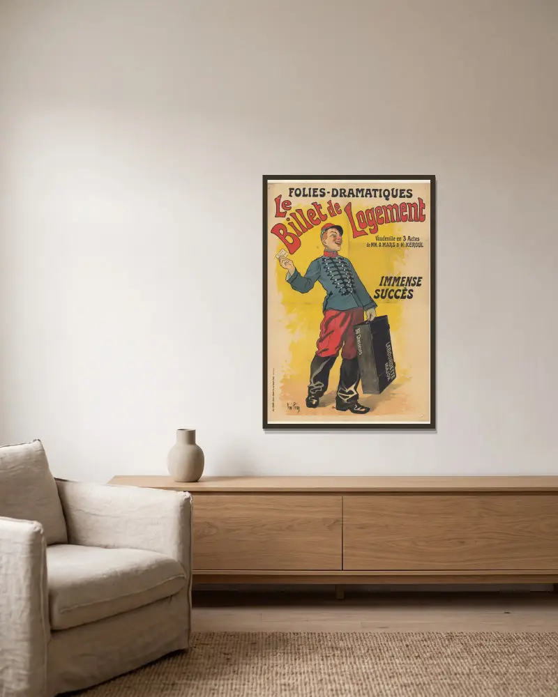 Folies-Dramatiques. Le Billet de logement av René Péan inramad på en vägg