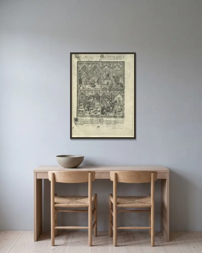 Gammaltestamentliga illustrationer från mitten av 1200-talet, plansch 5 av Montague Rhodes James inramad på en vägg