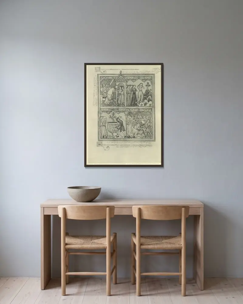 Gammaltestamentliga illustrationer från mitten av 1200-talet, plansch 26 av Montague Rhodes James inramad på en vägg