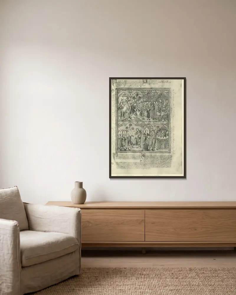 Ein Buch mit alttestamentlichen Illustrationen aus der Mitte des 13. Jahrhunderts, Tafel 9 von Montague Rhodes James gerahmt an einer Wand