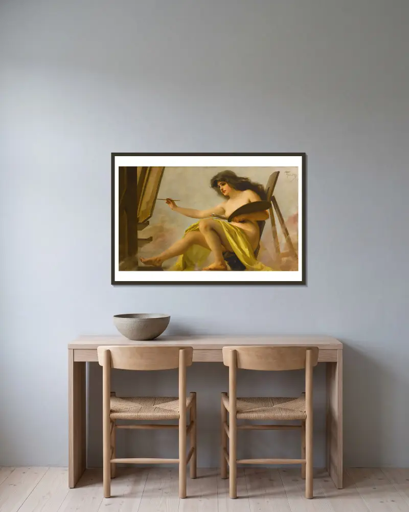 An Allegory Of Art av Luis Ricardo Falero inramad på en vägg