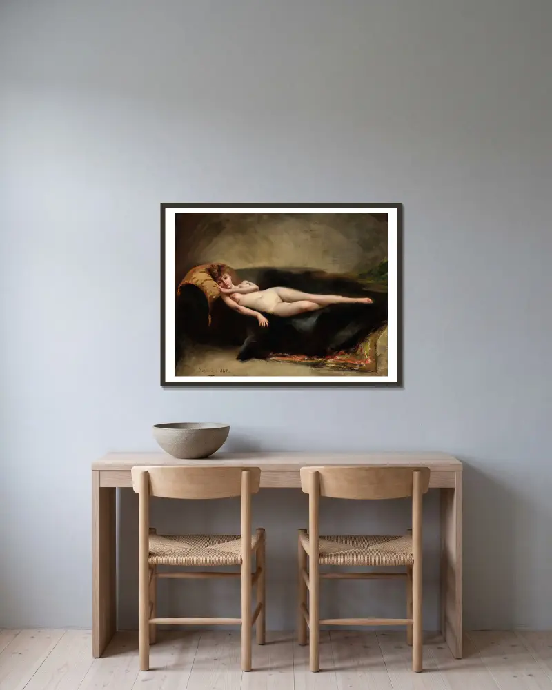 Femme nue couchée dans un divan av Luis Ricardo Falero inramad på en vägg