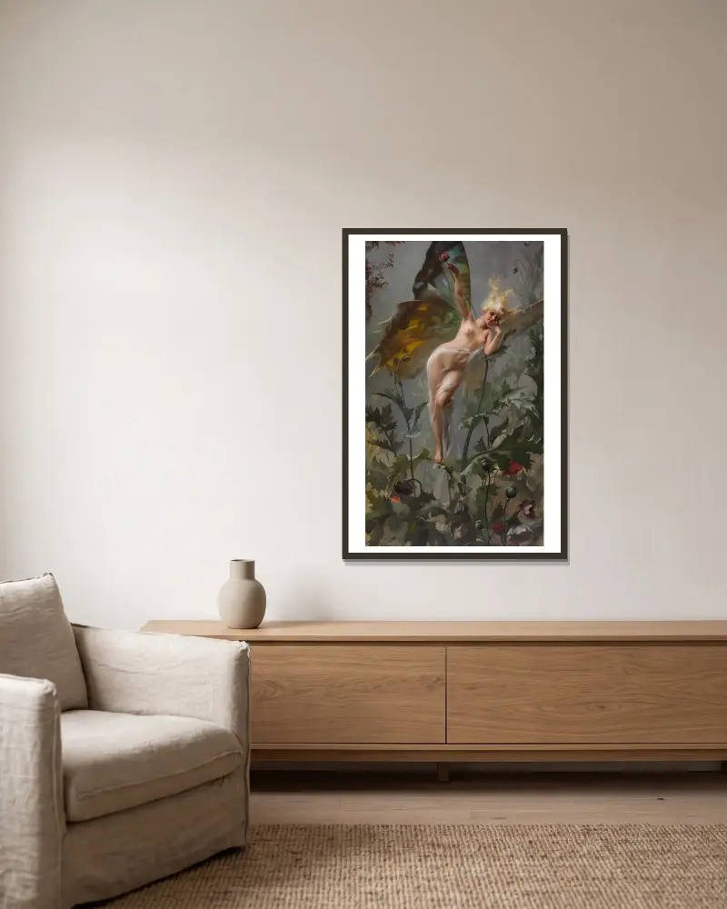 The Poppy Fairy av Luis Ricardo Falero inramad på en vägg