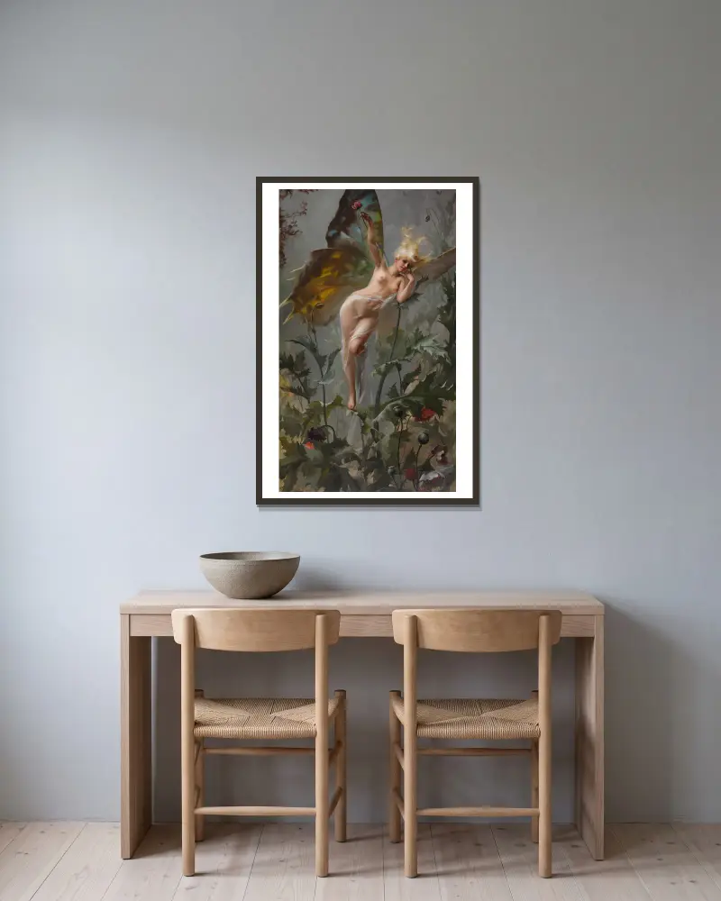 The Poppy Fairy av Luis Ricardo Falero inramad på en vägg
