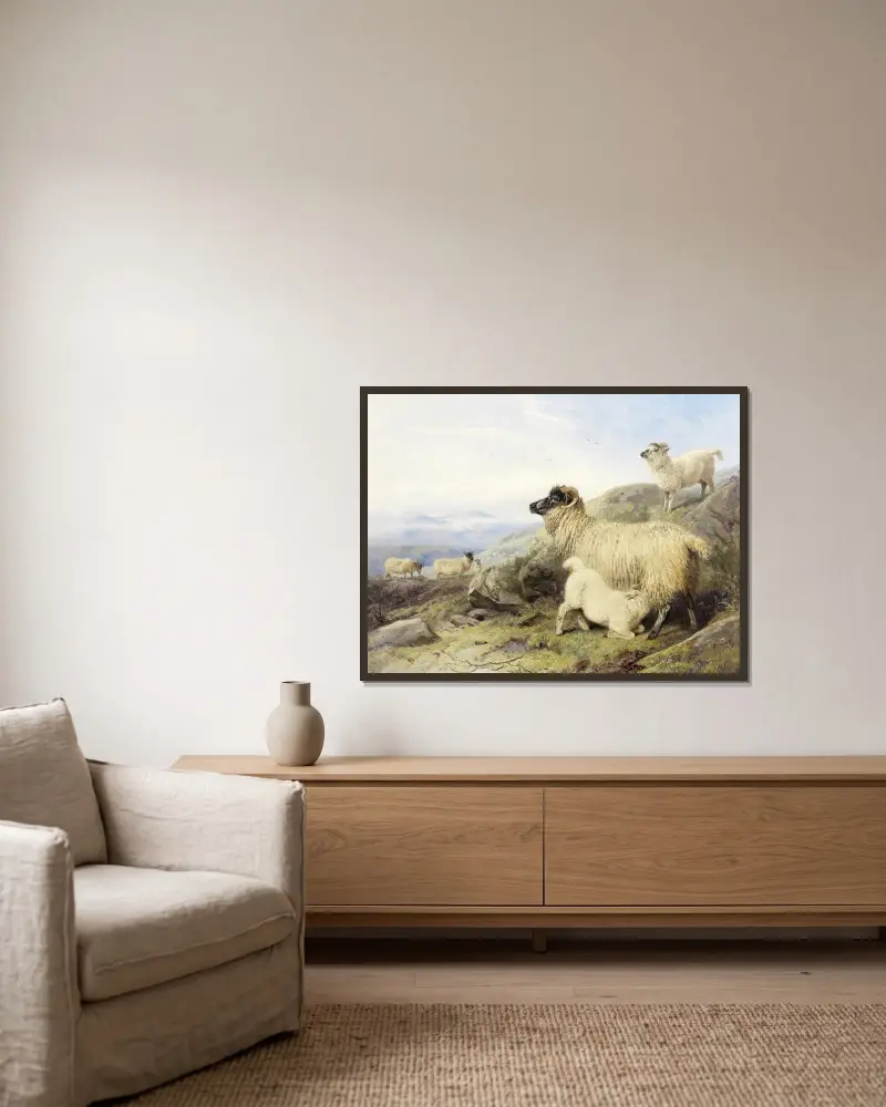 Schafe am Berghang von Richard Ansdell gerahmt an einer Wand