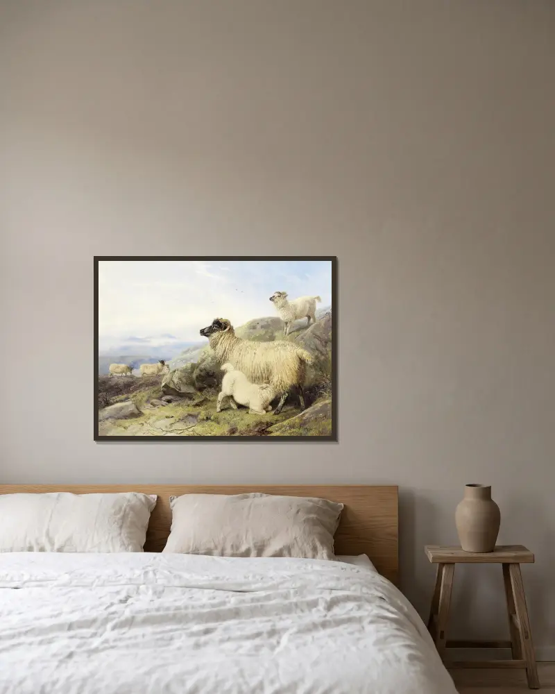 Schafe am Berghang von Richard Ansdell gerahmt an einer Wand