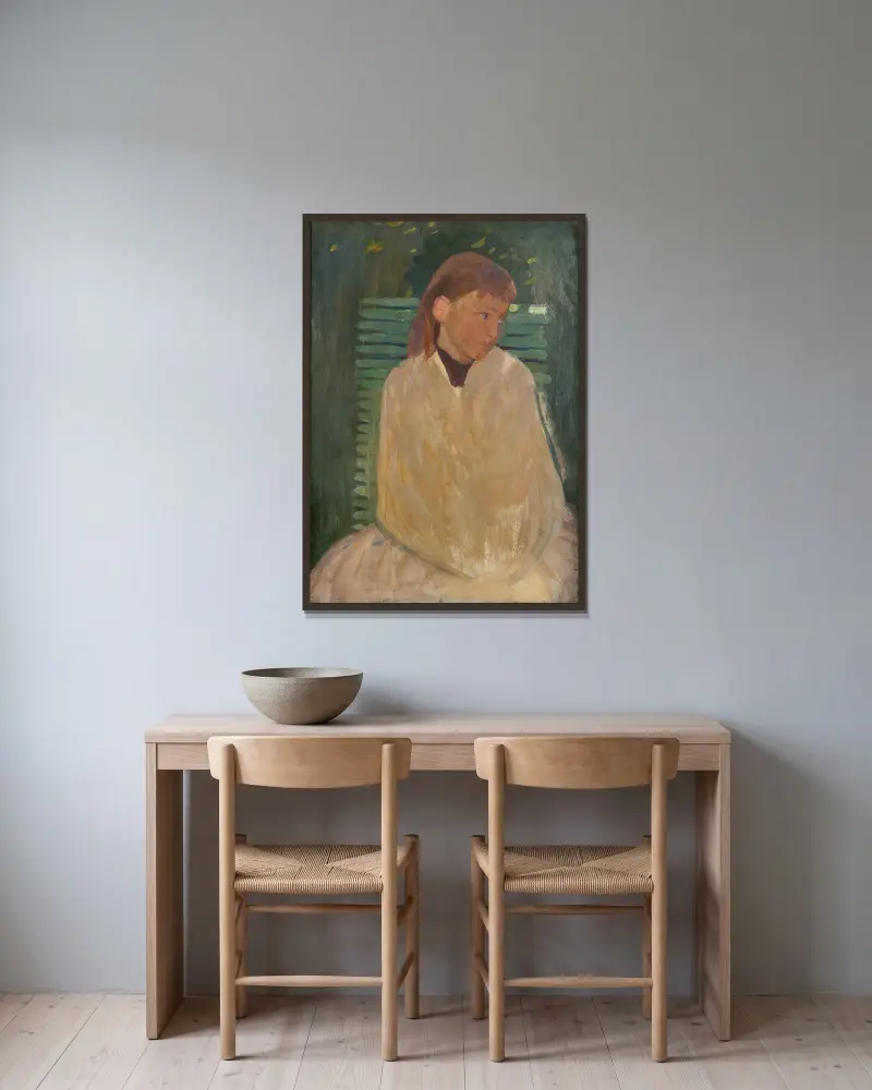 Flicka på en trädgårdsbänk av Richard Bergh inramad på en vägg