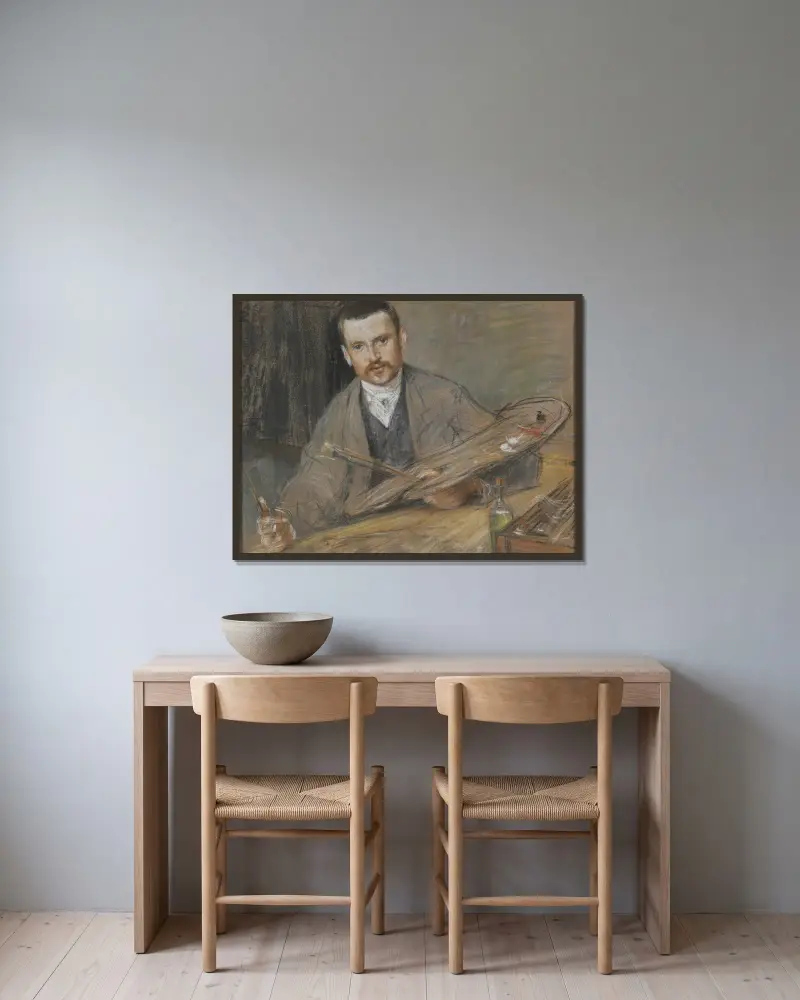 Johan Kindborg, 1861-1907, artist, married to wood engraver Emy Edman av Richard Bergh inramad på en vägg