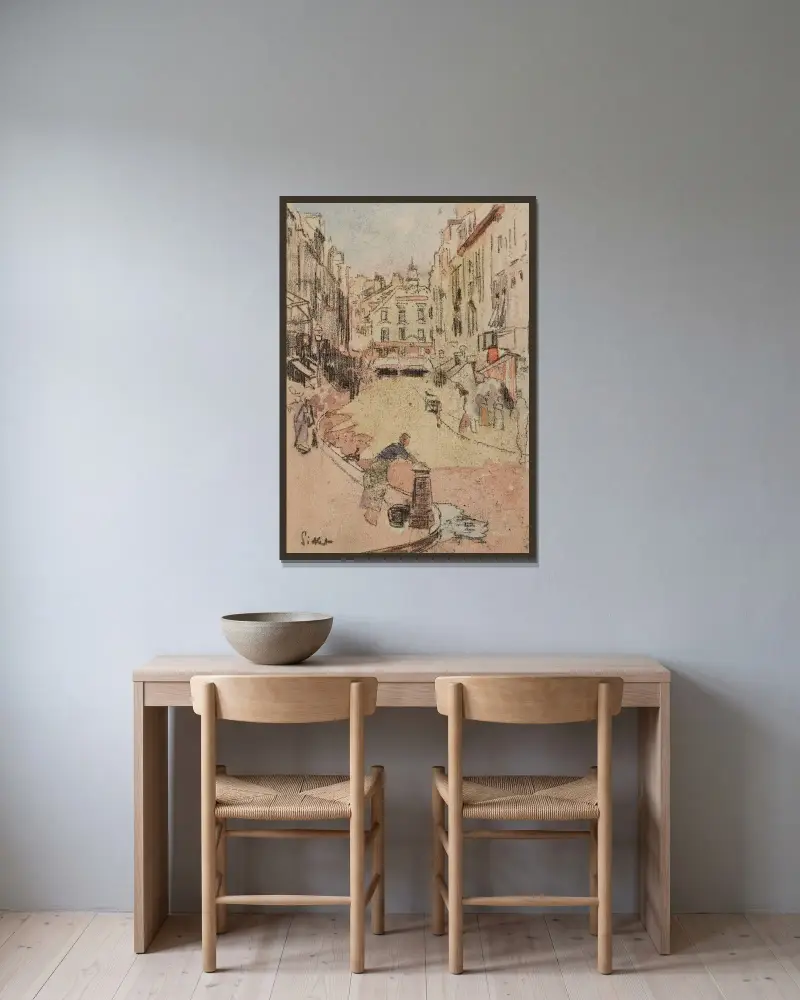 Den smutsiga brunnen, Rue de la Barre och Café des Tribunaux av Walter Richard Sickert inramad på en vägg