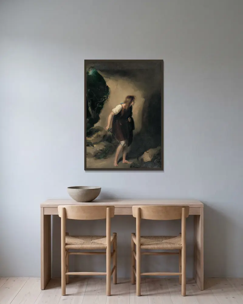 Imogen går in i Belarius grotta (Cymbeline, akt III, scen VI) av Richard Westall inramad på en vägg